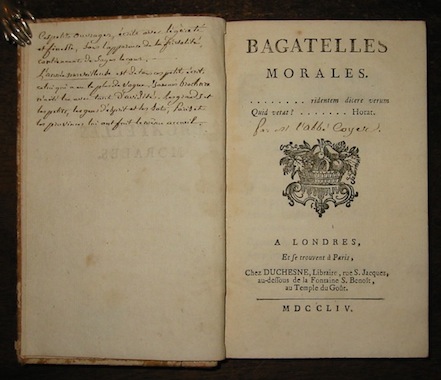 Abbé Gabriel-François  Coyer Bagatelles morales 1754 Londres et se trouvent à  Parischez Duchesne libraire
